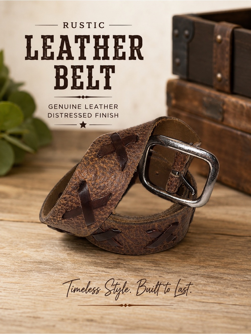Rustic Distressed Women’s Leather Belt | Woven Detail | Brown